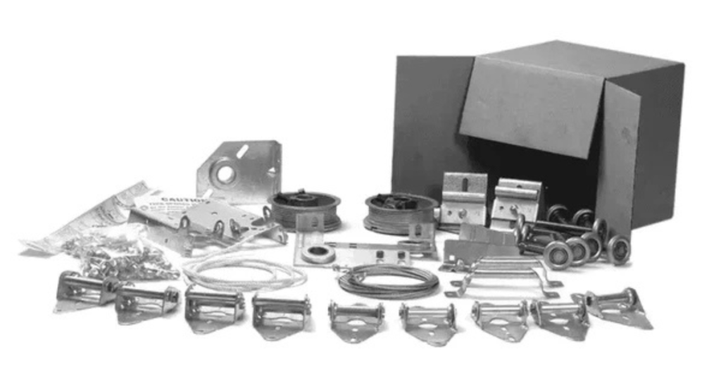 Garage door kit with bolts, springs, and tracks