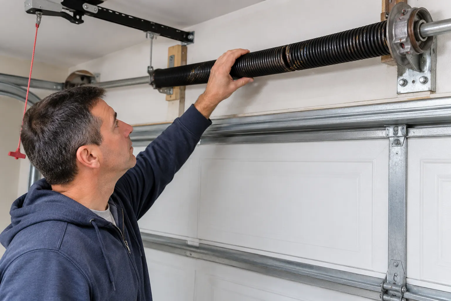 home owner checking the garage door spring